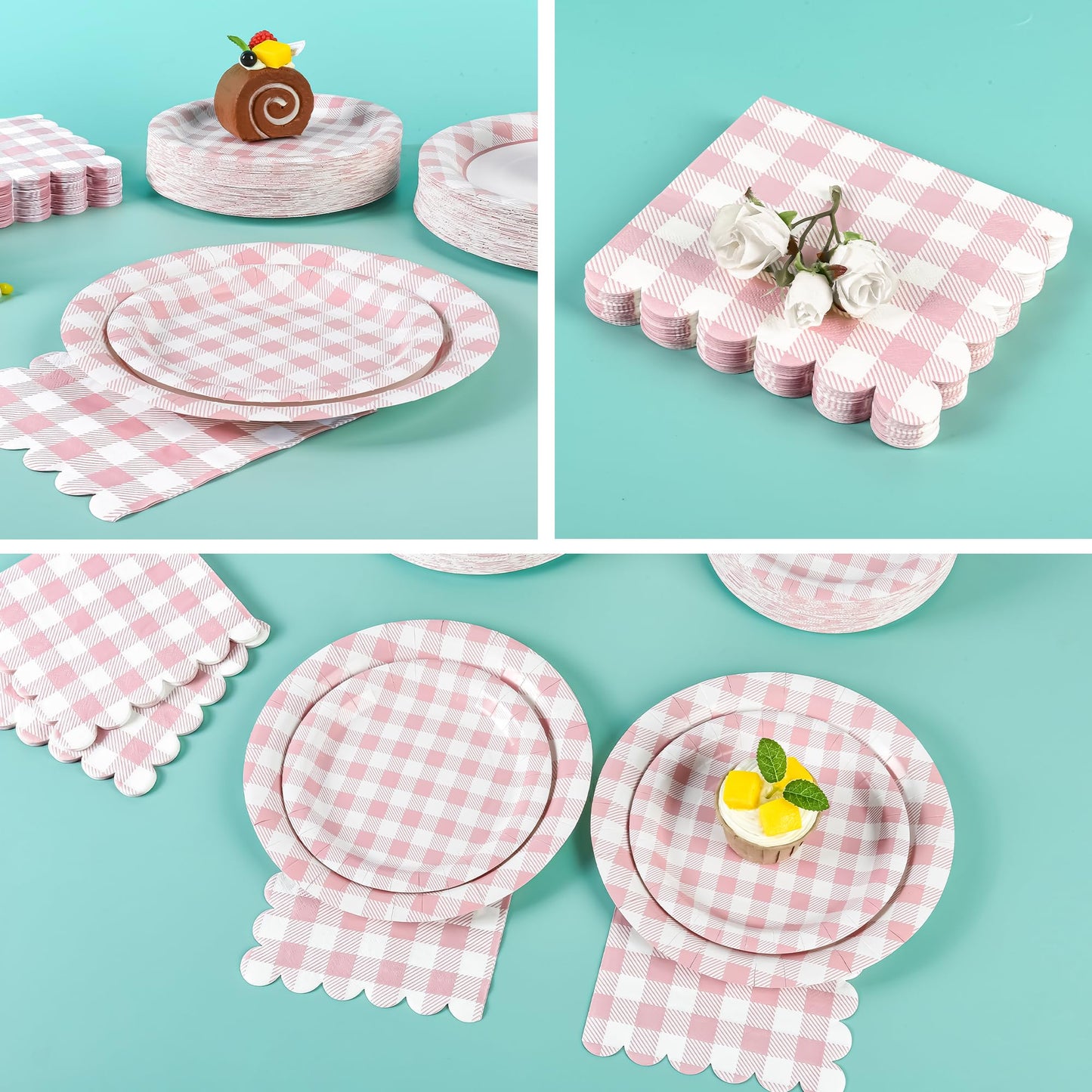 175Pcs Pink Gingham Party Supplies Pink Gingham Paper Plates and Napkins Cups Checkered Plates Disposable LightPink and White Plaid Party Decor for Birthday Family Fall Picnic BBQ,Serves 25 Guests