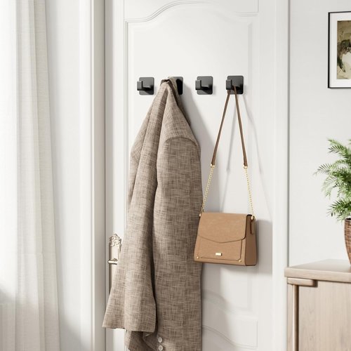 GWAAZXGZ Square Self-Adhesive Towel Hooks - 4 Pack Matte Black Metal for Organizing Towels, Robes & Hats | Right-Angle Design for Smooth Surfaces
