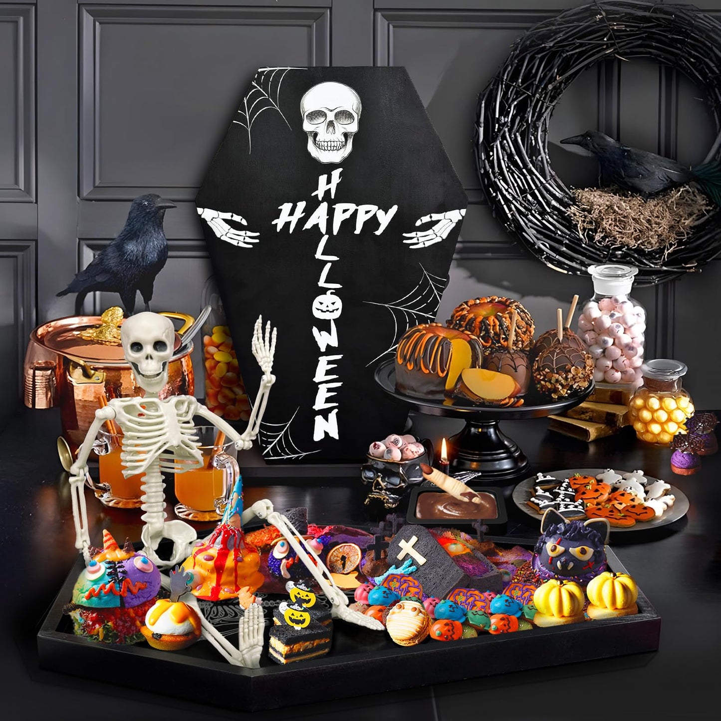 Fayavoo Wood Halloween Coffin Charcuterie Board with Skeleton Patter, Black Coffin Serving Trays with Dipping Saucer, Spooky Halloween Platters for Food Snack Candy Cheese Party Serving Dishes