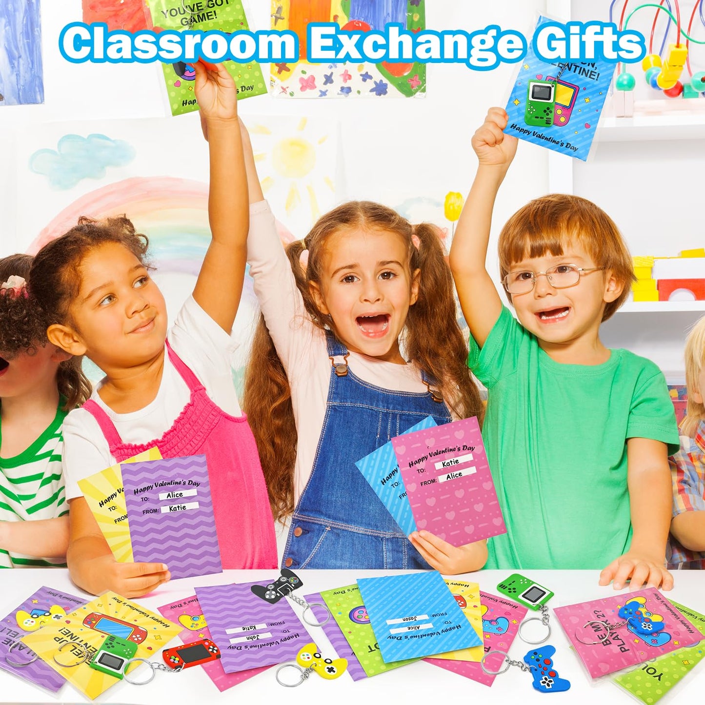 Bulk Valentines Non Candy Gifts Toys Party Favors for Kids School, 48 Pack Valentines Video Game Keychains Exchange Cards for Boys Girls, Goodie Bag Stuffers Fillers Games Activities for Students