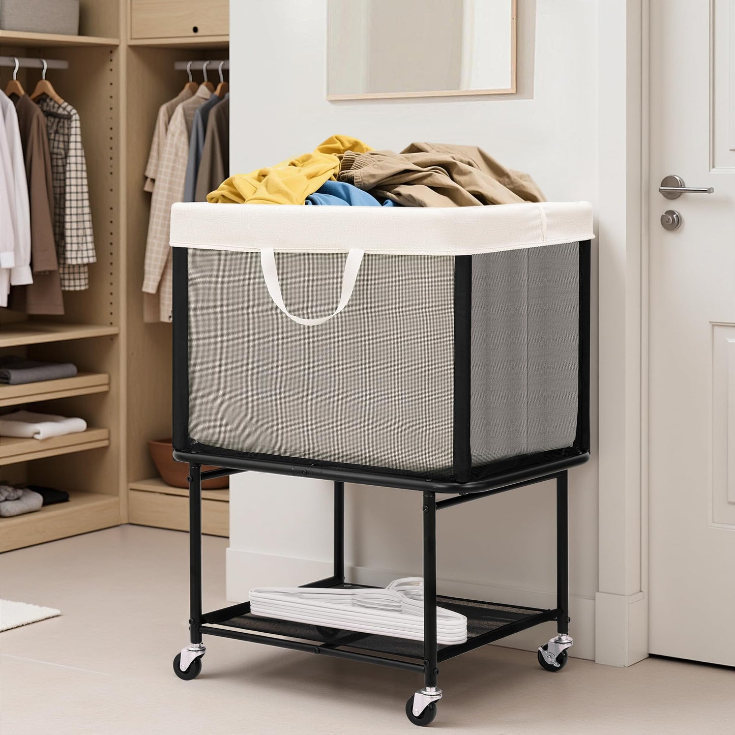 STO STO Rolling Laundry Hamper with Lockable Wheels, 29-Gallon (110L) Laundry Cart with Removable Canvas Bag, 2-Tier Clothes Basket Hamper with Shelf for Closet, Bedroom, Bathroom, Laundry Room