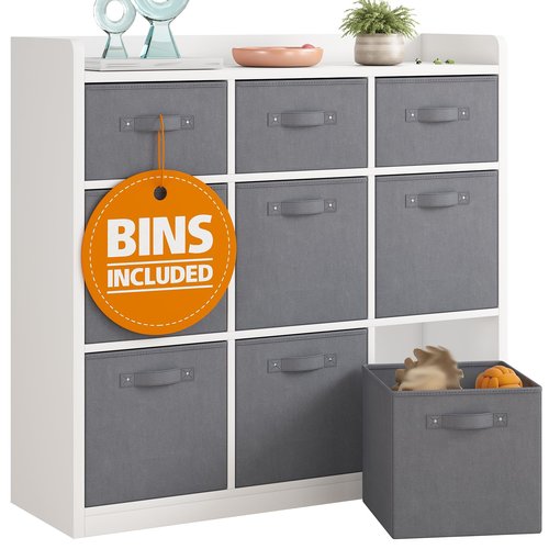 EnHomee 9 Cube Storage Organizer with Storage Bins, Sturdy and Durable Wooden Bookcase with Fabric Drawers, 9 Cube Shelf for Bedroom, Living Room,White Grey, 11.8" D x 29.5" W x 35.4" H,