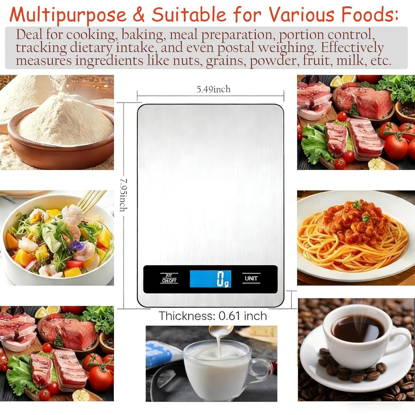 Skiennix Digital Food Kitchen Scale - 33lb/15kg Capacity, 1g Precision, Stainless Steel Panel, Easy-Tare | Silver