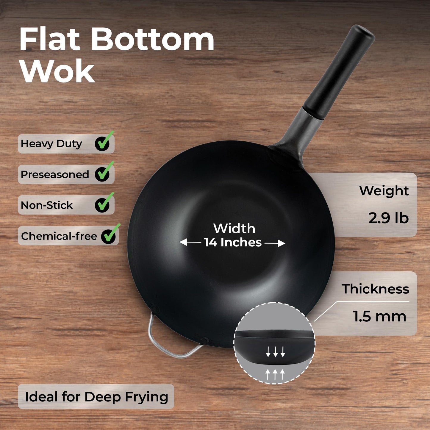Restaurantware Carbon Steel Wok 1 Pack of 14 Inch Heavy-Duty Uniform Heat Distribution Pan Induction Compatible Round Bottom Wok Welded Handle Black For Gas Stovetops And Grills