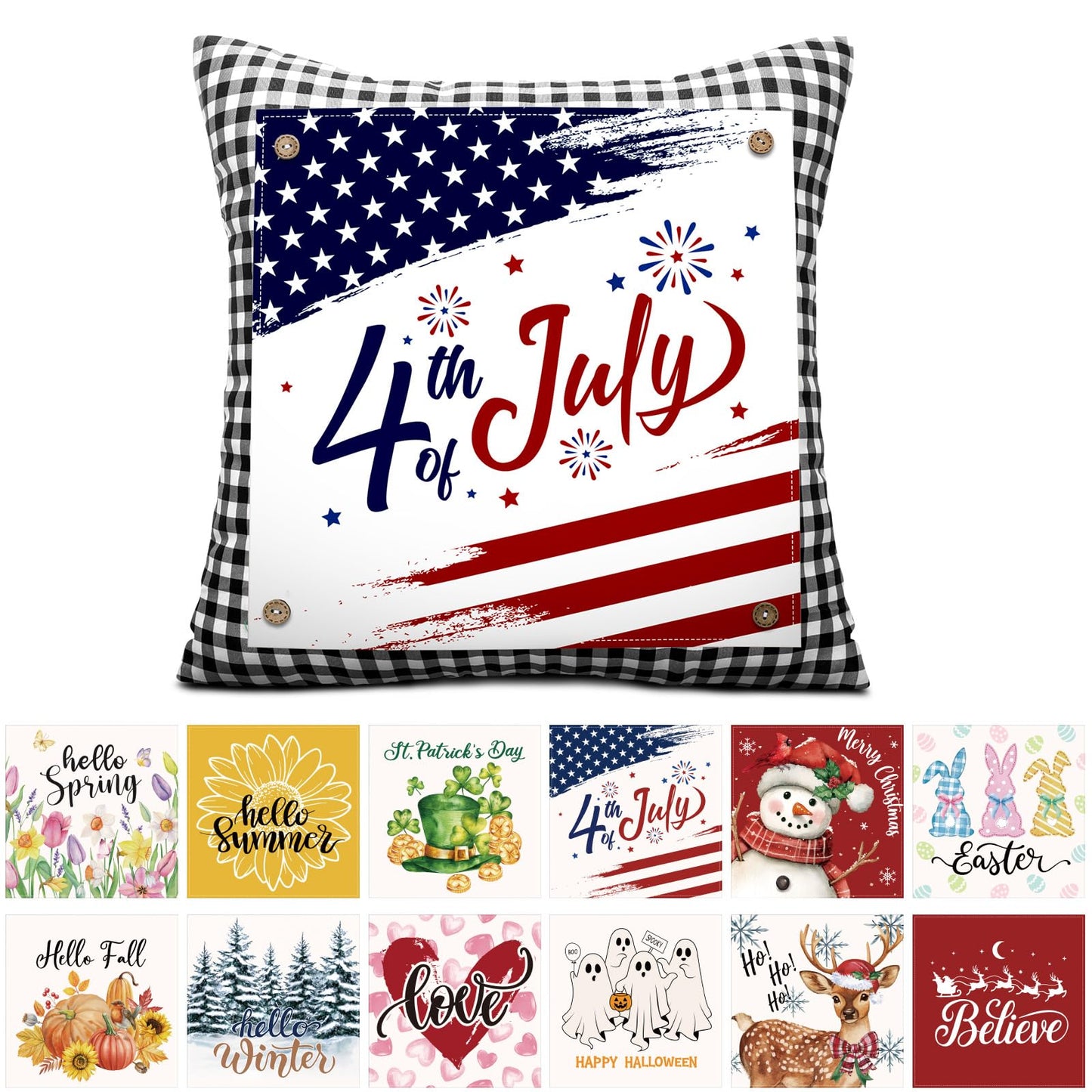 Hahafelt Set of 13 Seasonal Holiday Throw Pillow Covers 18x18 in with 12 Interchangeable Panels Spring Summer 4th of July 250th Anniversary Decorative Square Pillowcase for Farmhouse Sofa Home Decor
