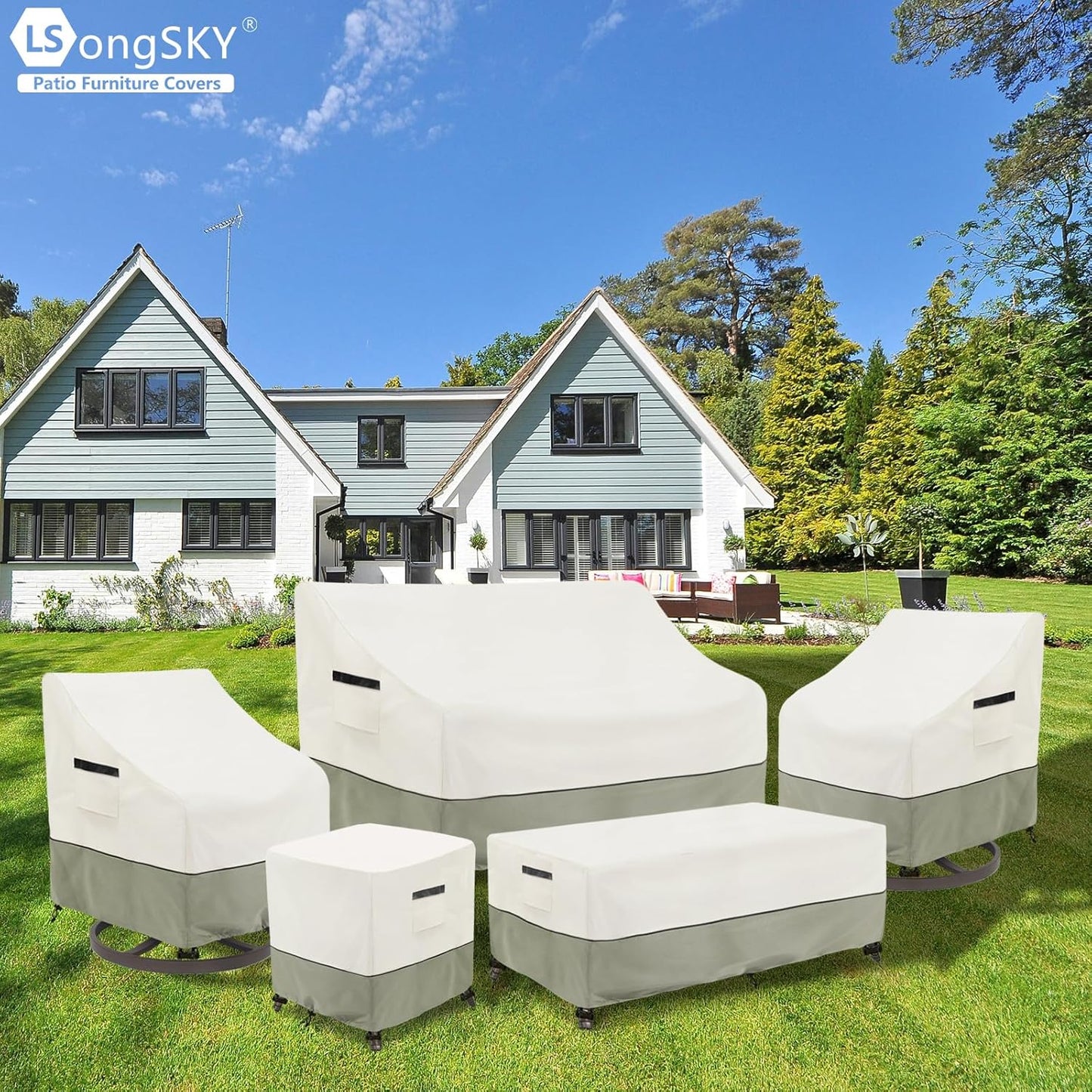 Skiennix Outdoor Loveseat Cover - 100% Waterproof Heavy-Duty Protection | Fits 58"W x 32.5"D x 31"H - Beige & Gray-Green