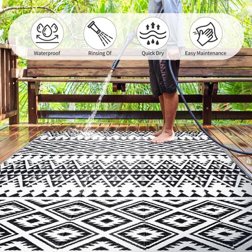 Bohemia Waterproof Outdoor Rug - Reversible Plastic Straw Mat for Patio & Camping | 5x8ft, Black & White