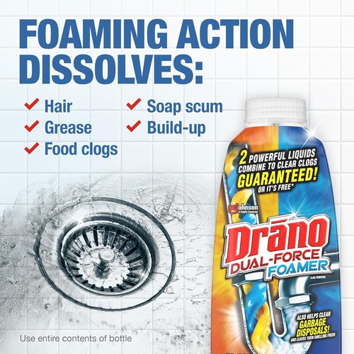 Drano Dual-Force Foamer Drain Clog Remover - Unclogs Shower & Sink Drains, 17 Fl Oz