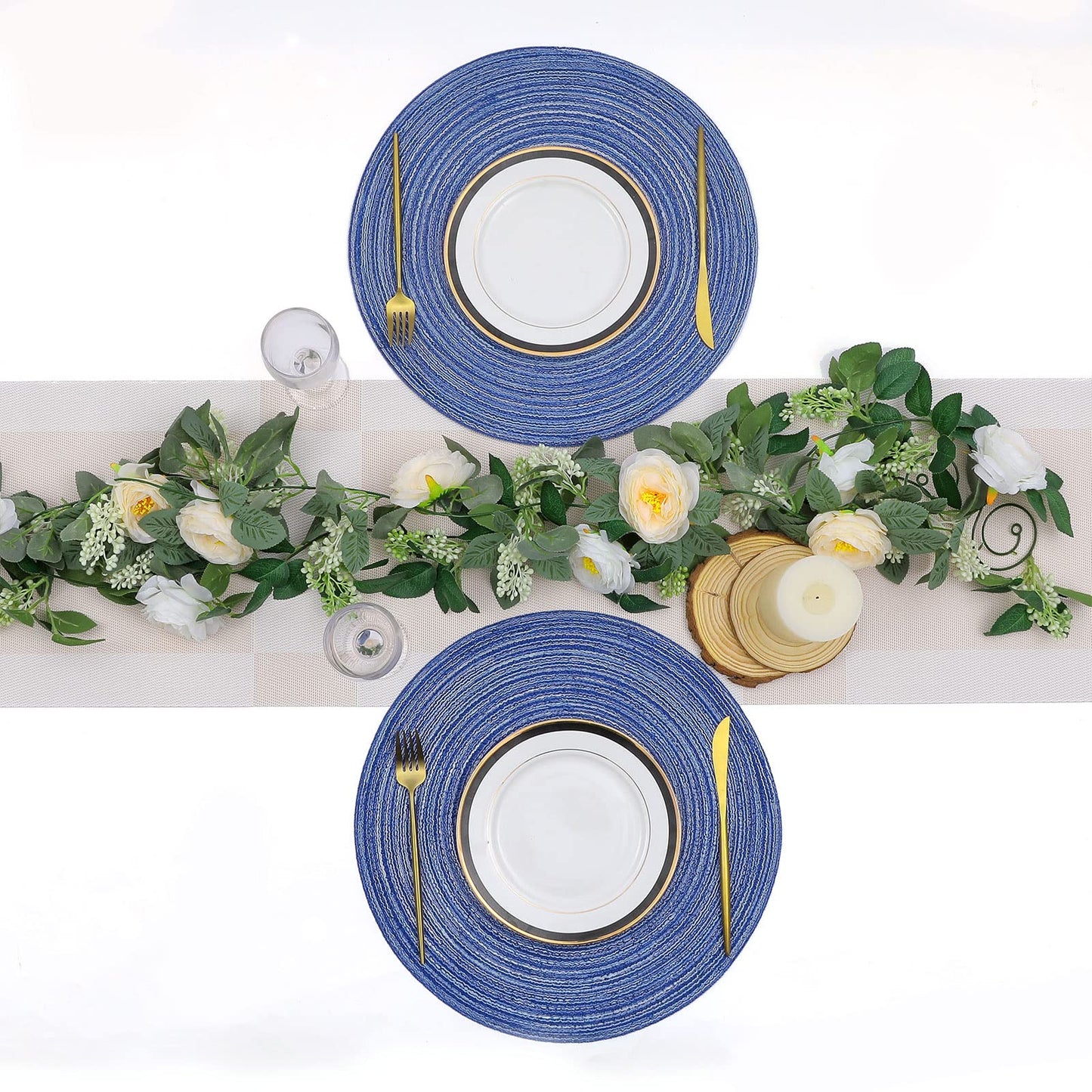 SHACOS Round Braided Placemats 15 inch Set of 6 Washable Kitchen Table Placemats for Home Wedding Party (Blue White, 6)