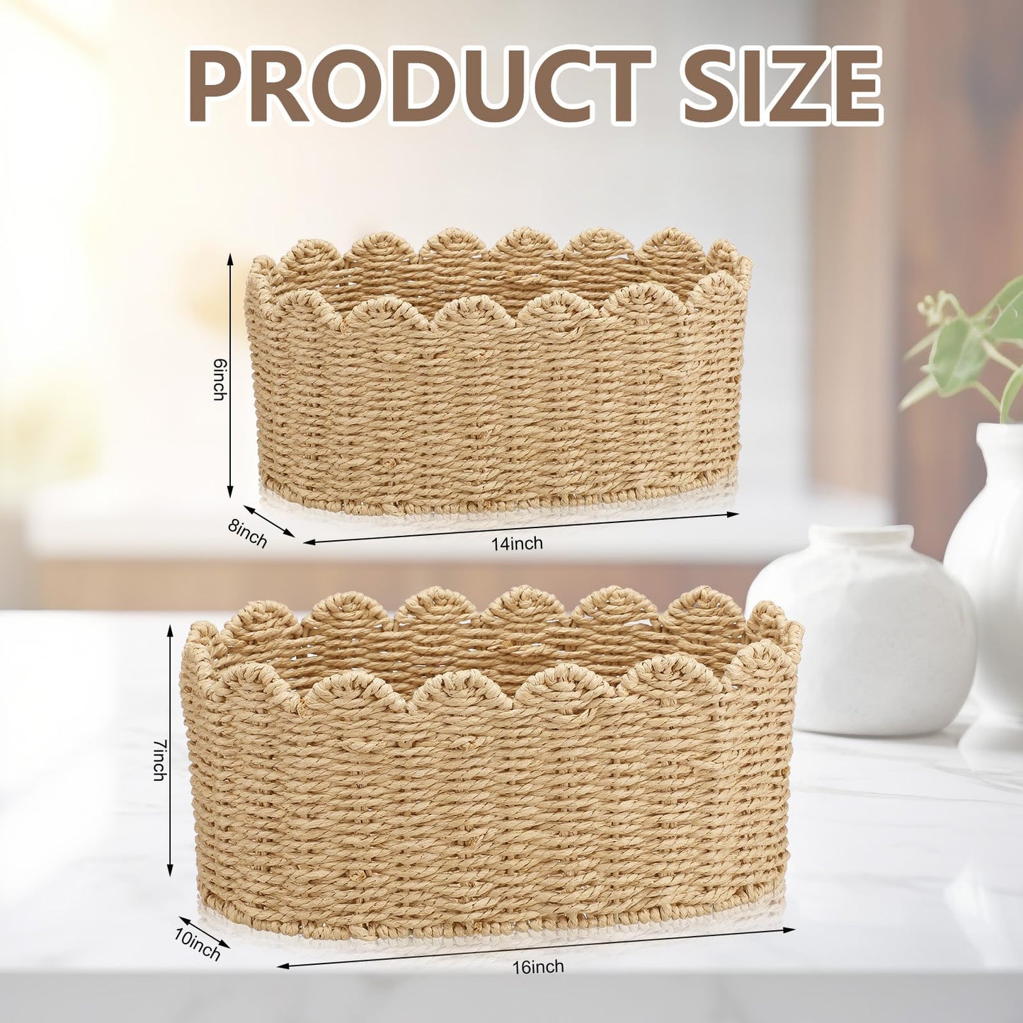 Kritkin 2 Pcs Scalloped Basket Set Hand-woven Baskets with Scalloped Design, 16 x 10 x 7 Inch & 14 x 8 x 6 Inch for Living Room Bedroom Laundry Nursey Storage