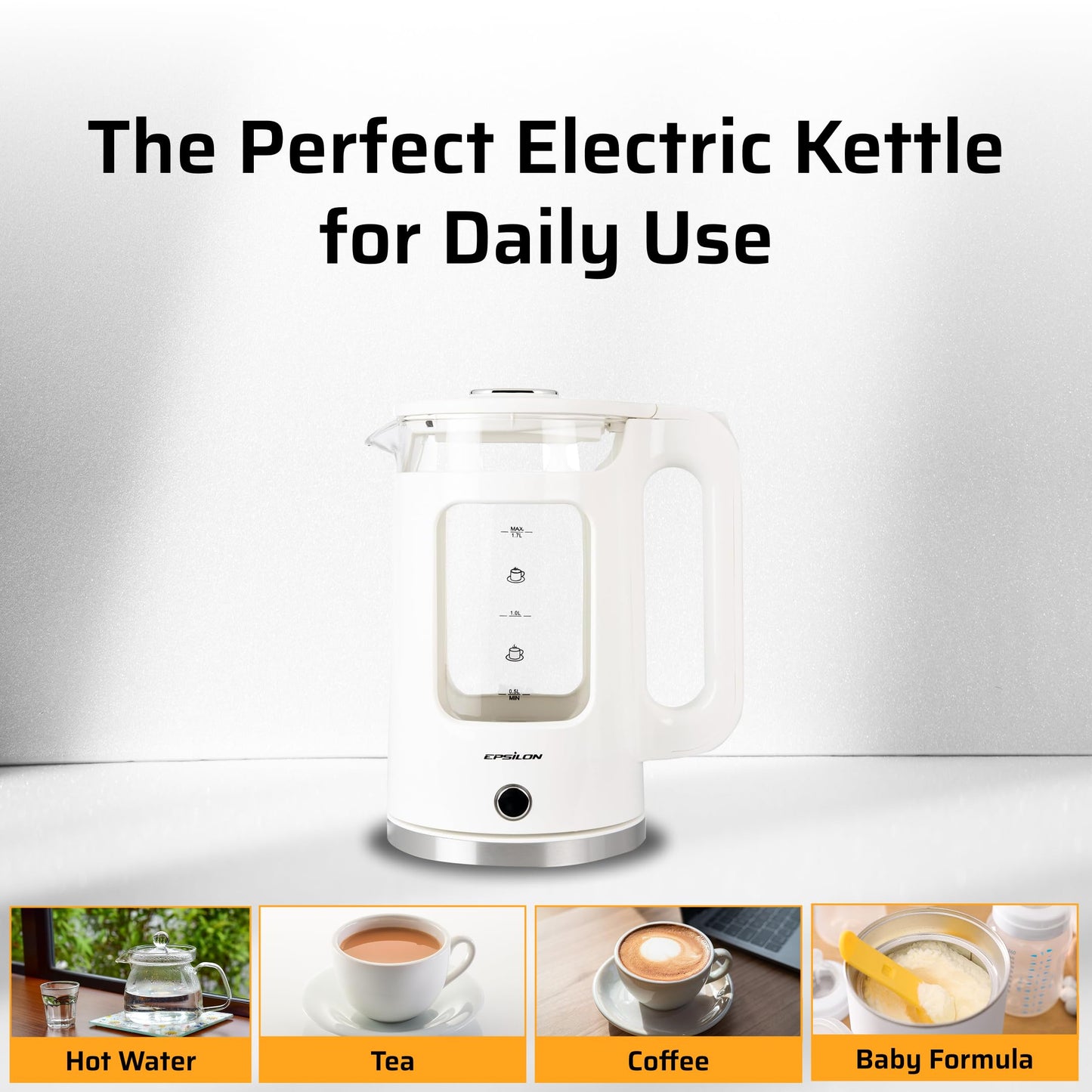 Epsilon 1.7L Glass Electric Kettle – Hot Water Tea Kettle with LED Light, Stainless Steel & Borosilicate Glass, Auto Shut-Off, BPA-Free Electric Teapot, 1100W Fast Boil, Cool Touch