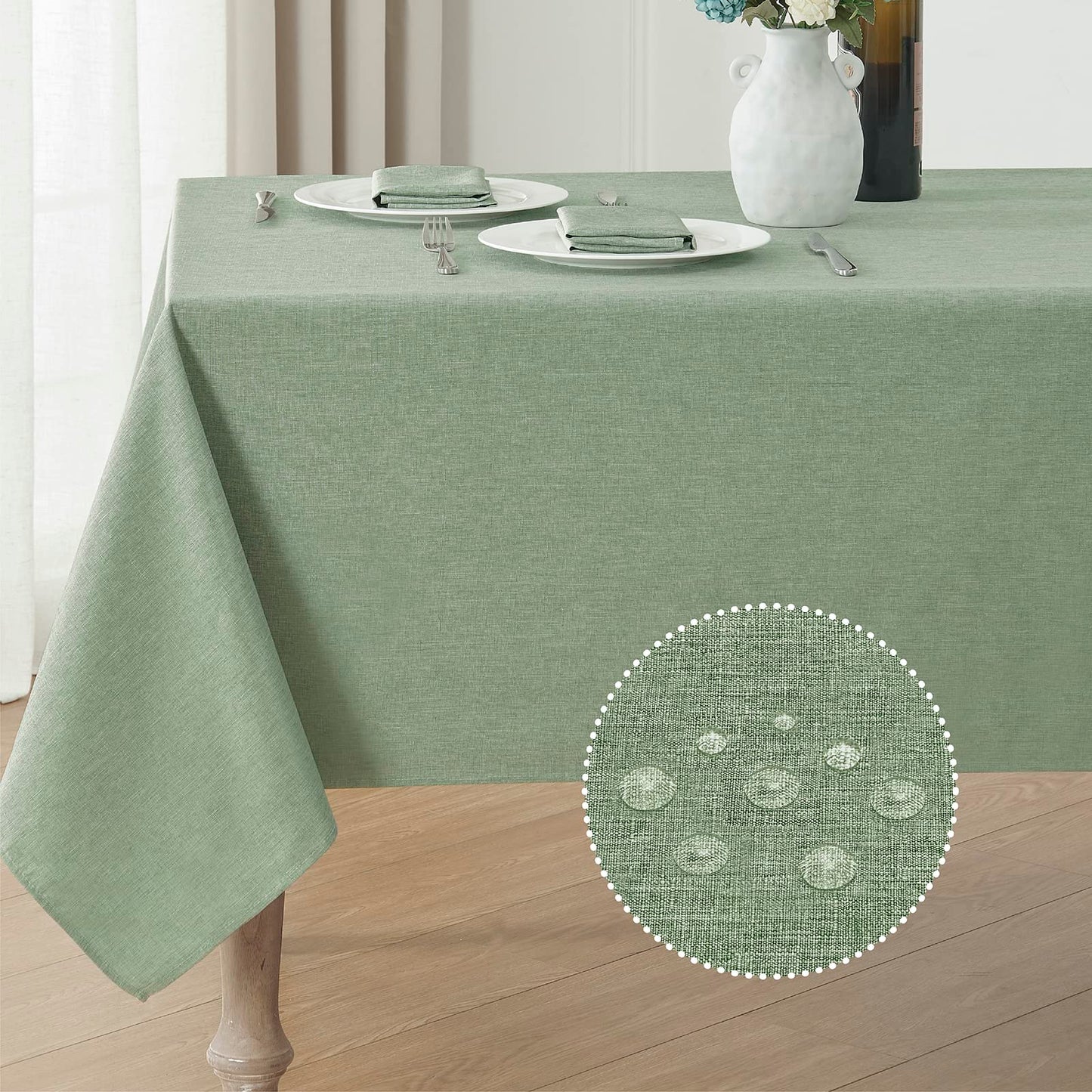Veblandy Rectangle Tablecloth Linen Textured Waterproof & Stain Resistant Table Cloth Wrinkle Free Decorative Fabric Farmhouse Table Cover for Dining/Party/Buffet/Wedding, 60 x 84 Inch, Sage Green