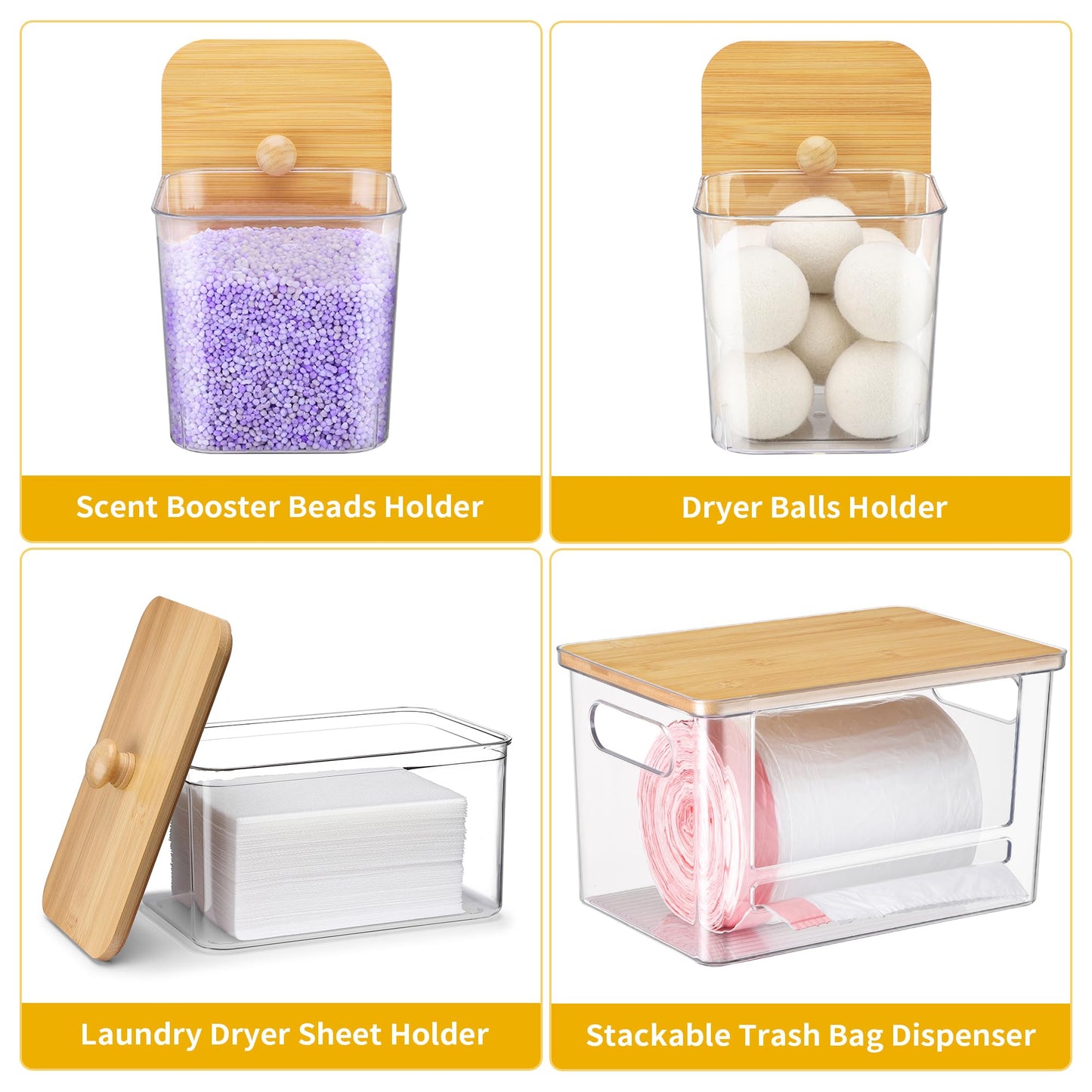 ALOCEO 4 Pcs Extra Large Trash Bag Dispenser & Laundry Containers, Wall Mounted Clear Laundry Pods Container Dryer Sheet Holder with Lids for Laundry Room Organization and Storage