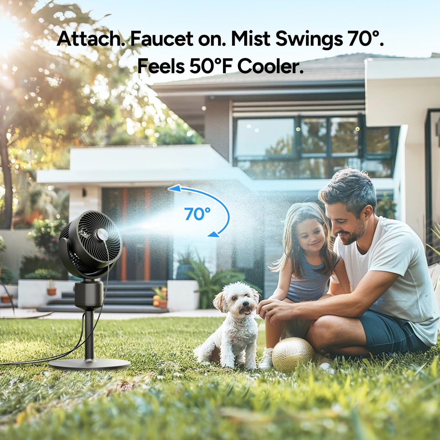 DR.PREPARE Compact Misting Pedestal Fan with Magnetic Mister, Quiet Air Circulator Standing Fan, 16-34" Adj. Height, 70°Auto-Oscillation, 90° Up+10° Down Tilt, 3 Speeds for Small‑Medium Patio Backyard