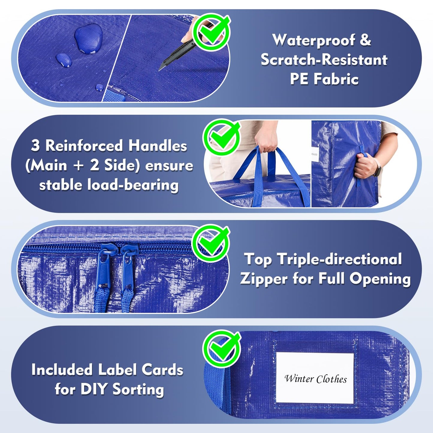 KYODOLED 6 Pack Extra Heavy Duty Blue Moving Bags - Large Move In & Packing Bags for College Students, Sturdy Storage Totes with Strong Zipper & Comfortable Handles for Clothes Storage