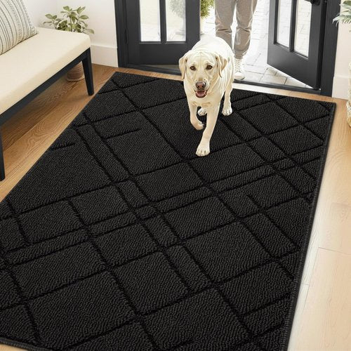 Hicorfe Indoor Doormat - Non-Slip Absorbent Welcome Mat | 48"x32" Rubber Backing for Dirt-Trapping, Washable Design (Black)