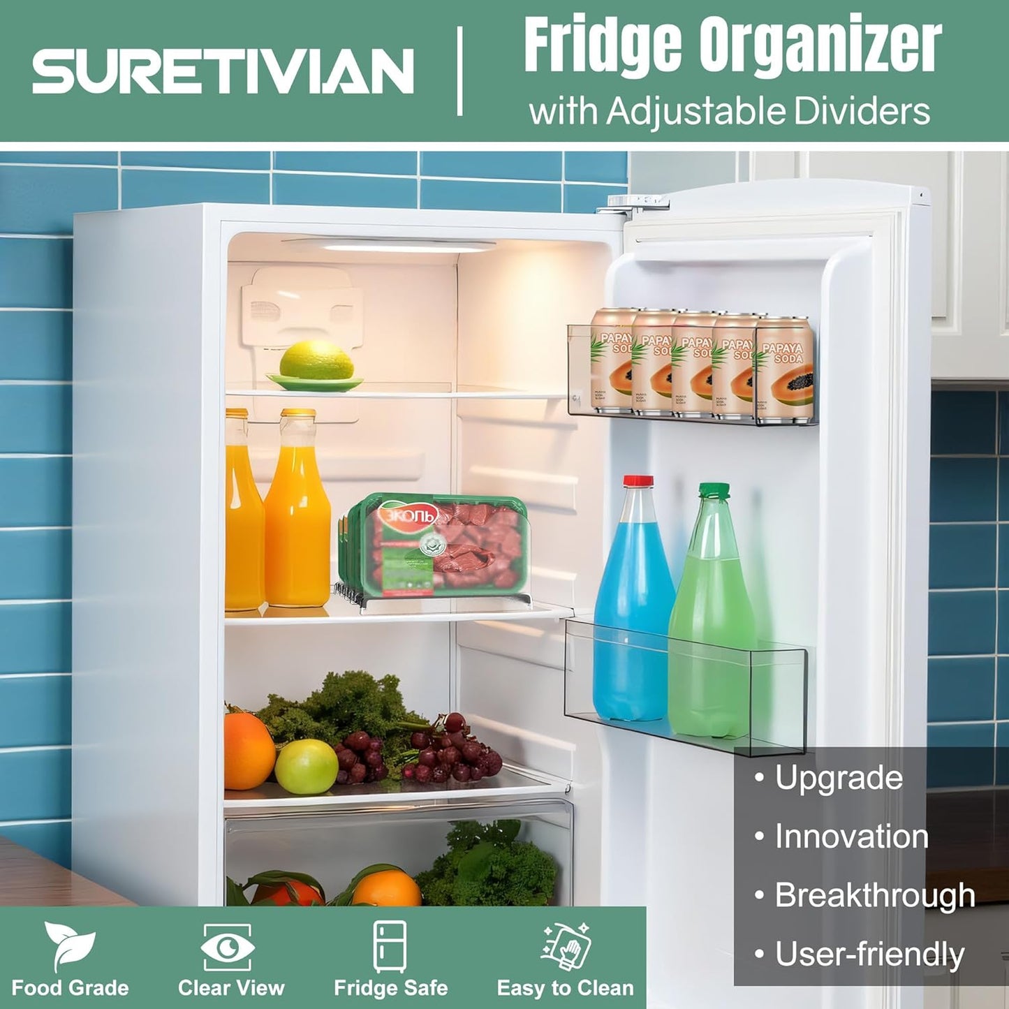 SURETIVIAN Freezer Organizer - 12” Adjustable Fridge Rack with Removable Dividers & Handles | Black