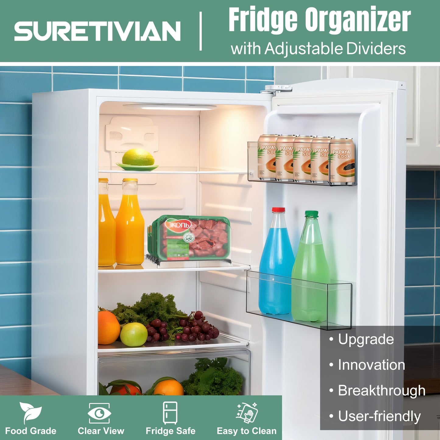 SURETIVIAN Freezer Organizer 12” Visible Fridge Organizer Rack with Removable Dividers and Handles, Freely Adjustable, Fits Refrigerator Frozen Meals, Lunch Meat Box, Cheeses (Black)