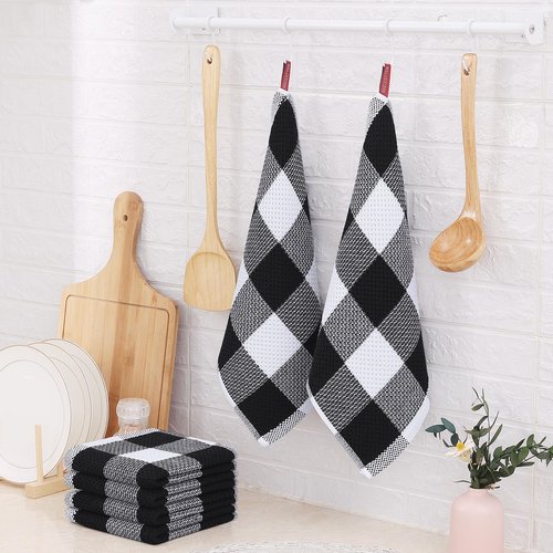 Homaxy 100% Cotton Waffle Weave Check Plaid Dish Cloths, 12 x 12 Inches, Super Soft and Absorbent Dish Towels Quick Drying Dish Rags, 6-Pack, White & Black