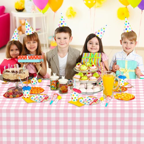 JCTHKUKU 2 Pcs Pink Gingham Tablecloth, Disposable Plastic Pink Checkered Table Cloth, Pink & White Plaid Table Cover for Outdoor Picnic, Wedding, Baby & Bridal Shower, Birthday Party (54 x 108 Inch)