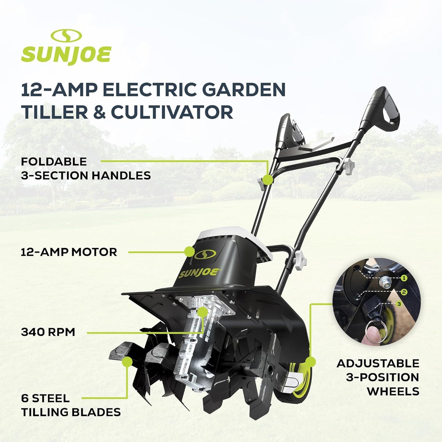 Sun Joe Corded Electric Garden Tiller - 12-Amp Heavy-Duty Cultivator with 16-Inch Steel Tines for Lawn Care