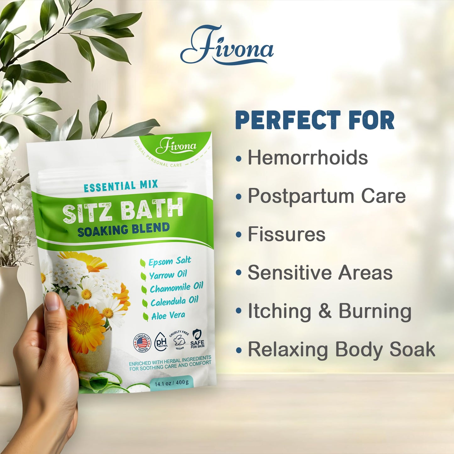 Hemorrhoid Care Postpartum Care Bartholin Cyst Relief - FIVONA Sitz Bath Salt Natural Epsom Blend with Essential Oils Soak - 14.1 oz