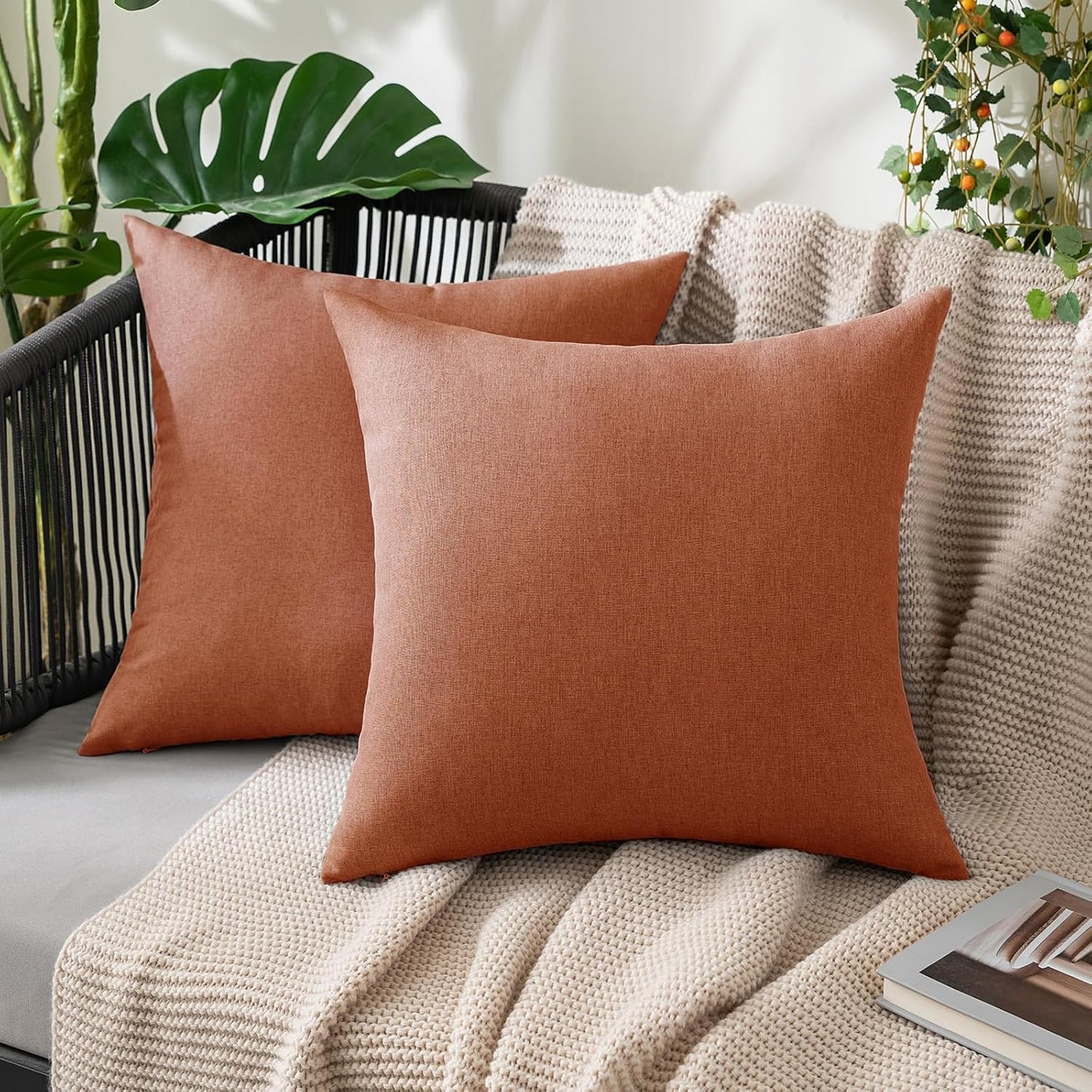 MIULEE Decorative Outdoor Throw Pillow Covers - Waterproof Faux Linen Cushion Cases | 18x18 Inch Rust (Pack of 2)
