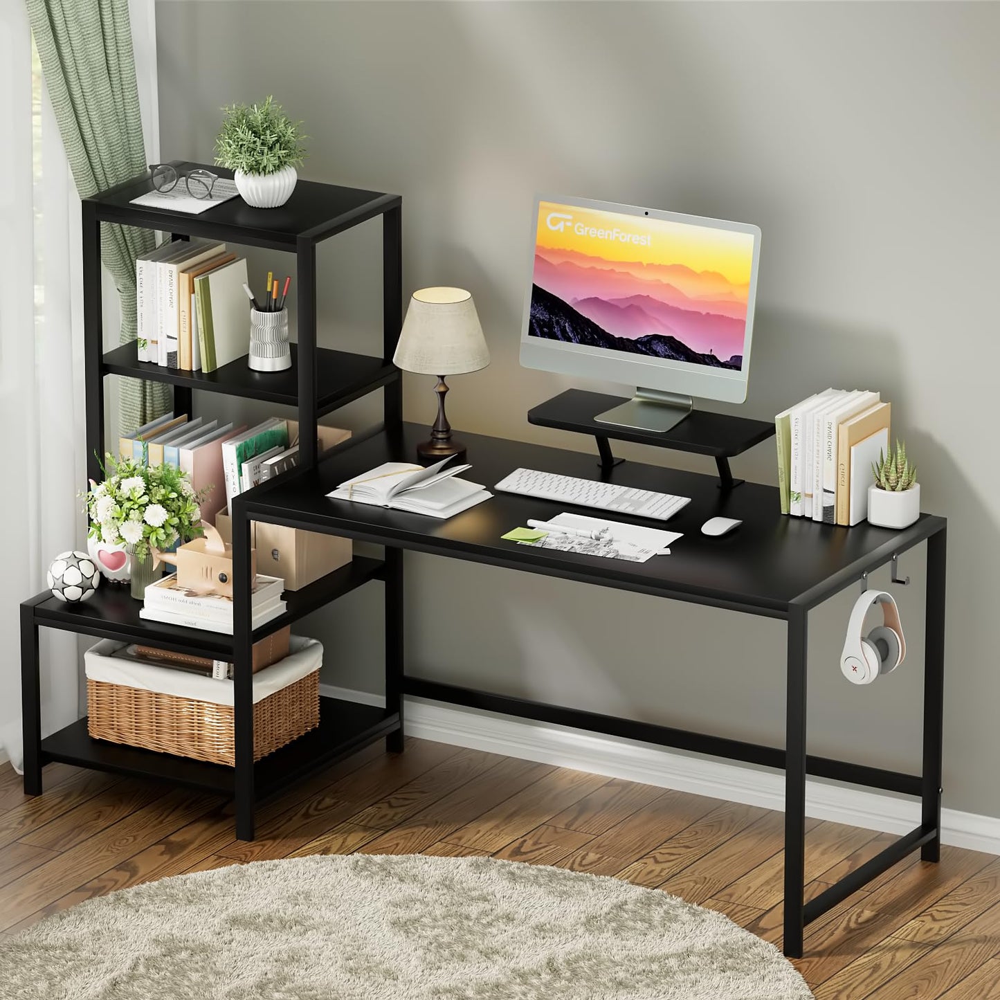GreenForest Computer Desk 67 inch with Printer Shelf, Reversible Office Desk with Monitor Stand and 2 Hooks, Home Desk Workstation for Study Writing Working Gaming, Black