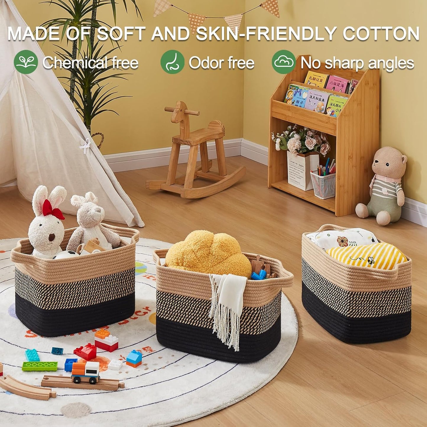 OIAHOMY Woven Storage Baskets - Stylish Cotton Rope Baskets for Toys & Towels | Pack of 3, Black & Brown