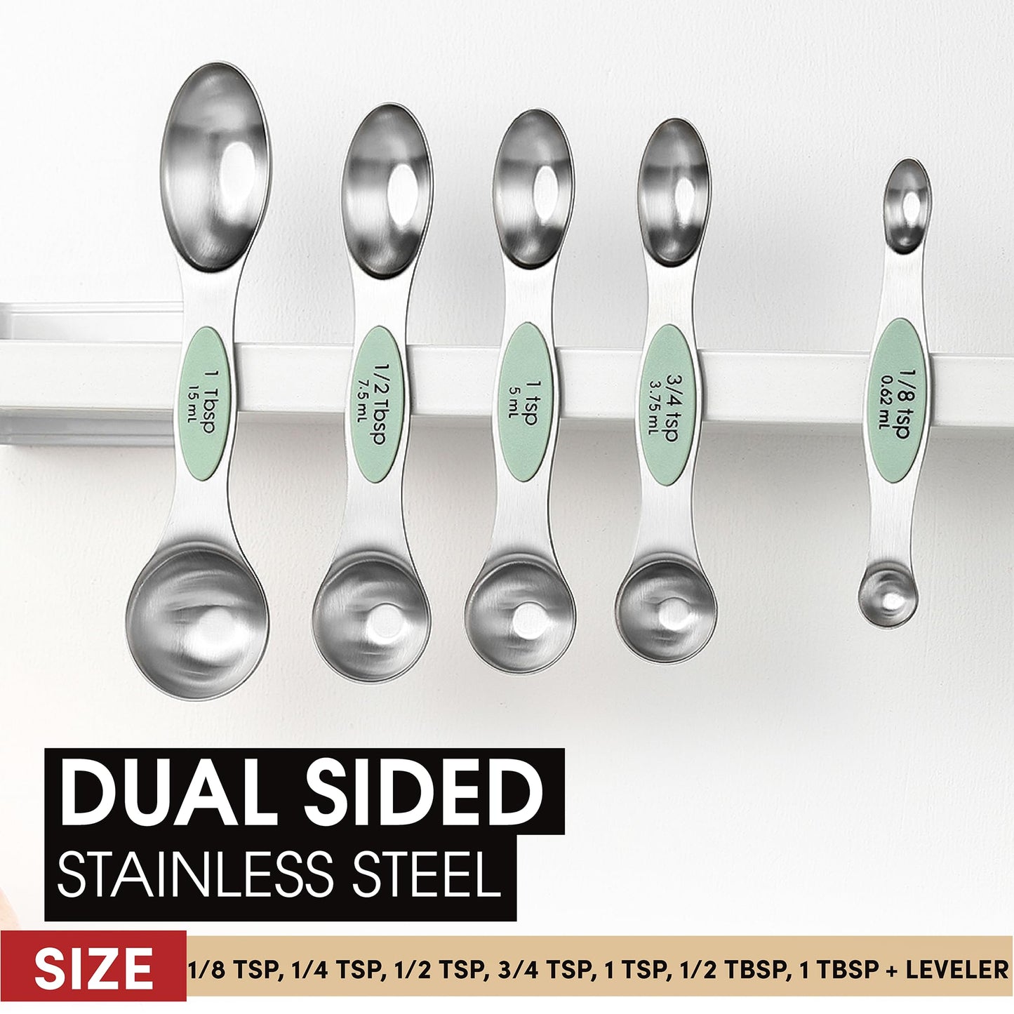 Spring Chef Stainless Steel Magnetic Measuring Spoons Set of 8 with Leveler, Dual Sided Teaspoon & Tablespoon Set, Nesting Metal Kitchen Gadgets for Baking & Cooking, Fits in Spice Jars - Pistachio