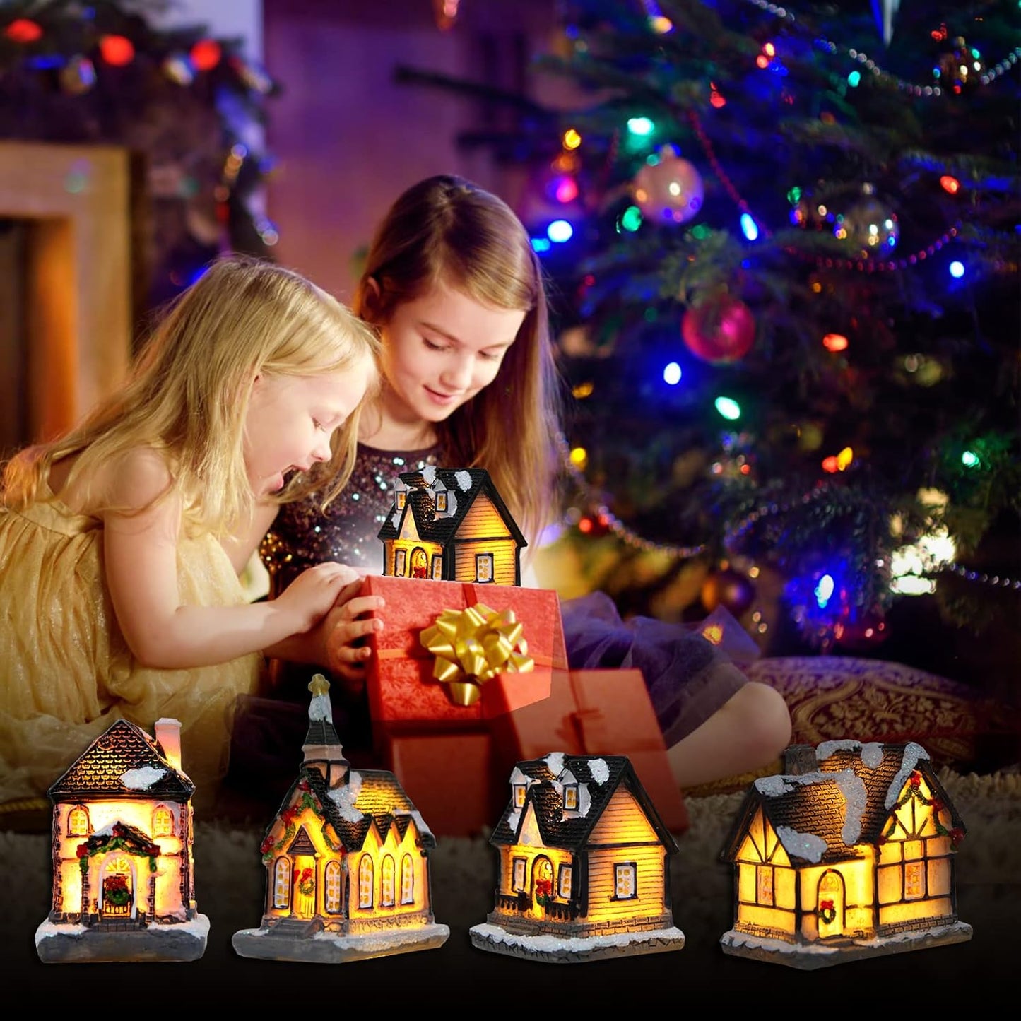 Skiennix Christmas Village House Set - 4 Pcs Resin Collectible Buildings with LED Lanterns for Holiday Decor