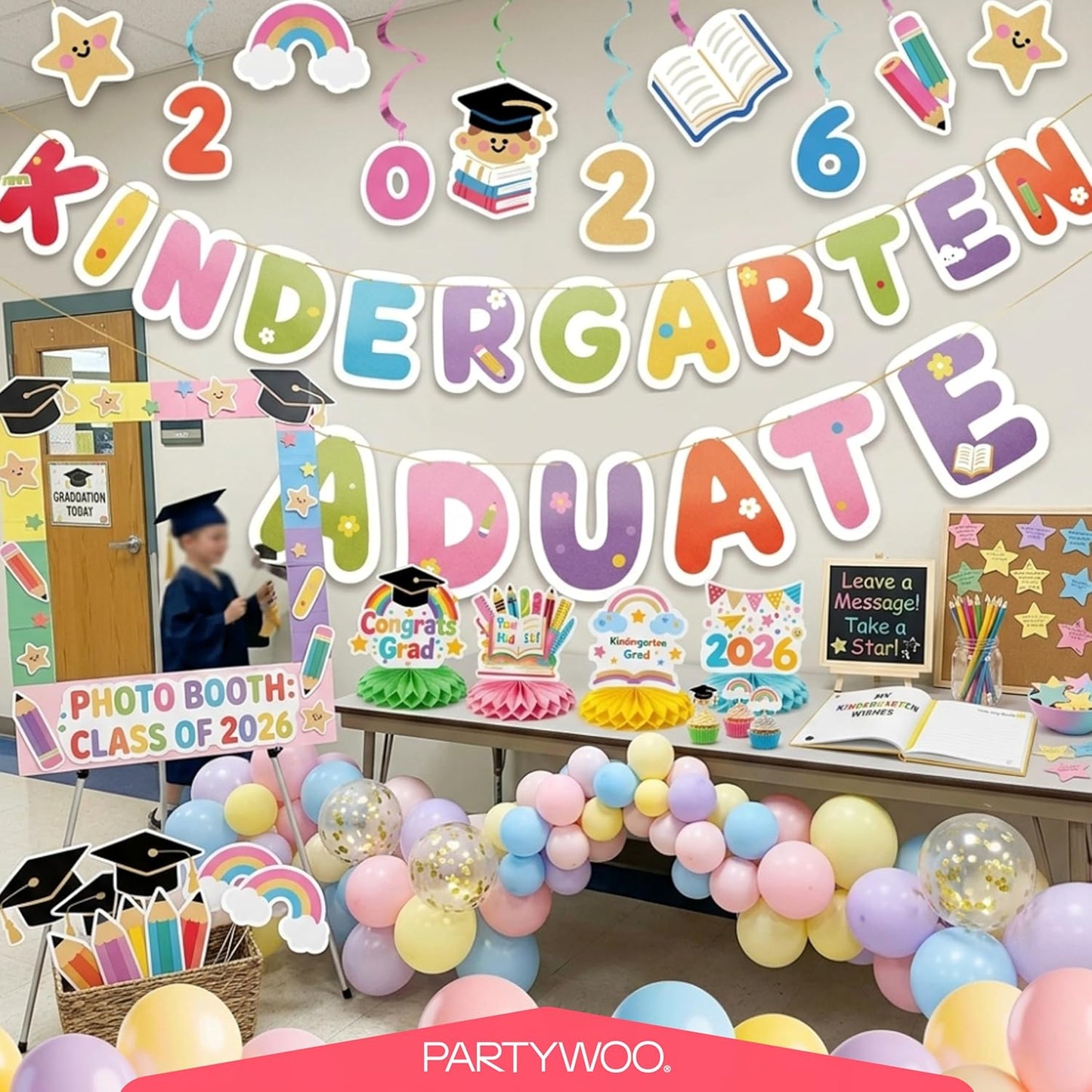 PartyWoo Graduation Decorations - 40pcs Colorful Rainbow Grad Party Supplies | Congrats Grad Banner & Balloons