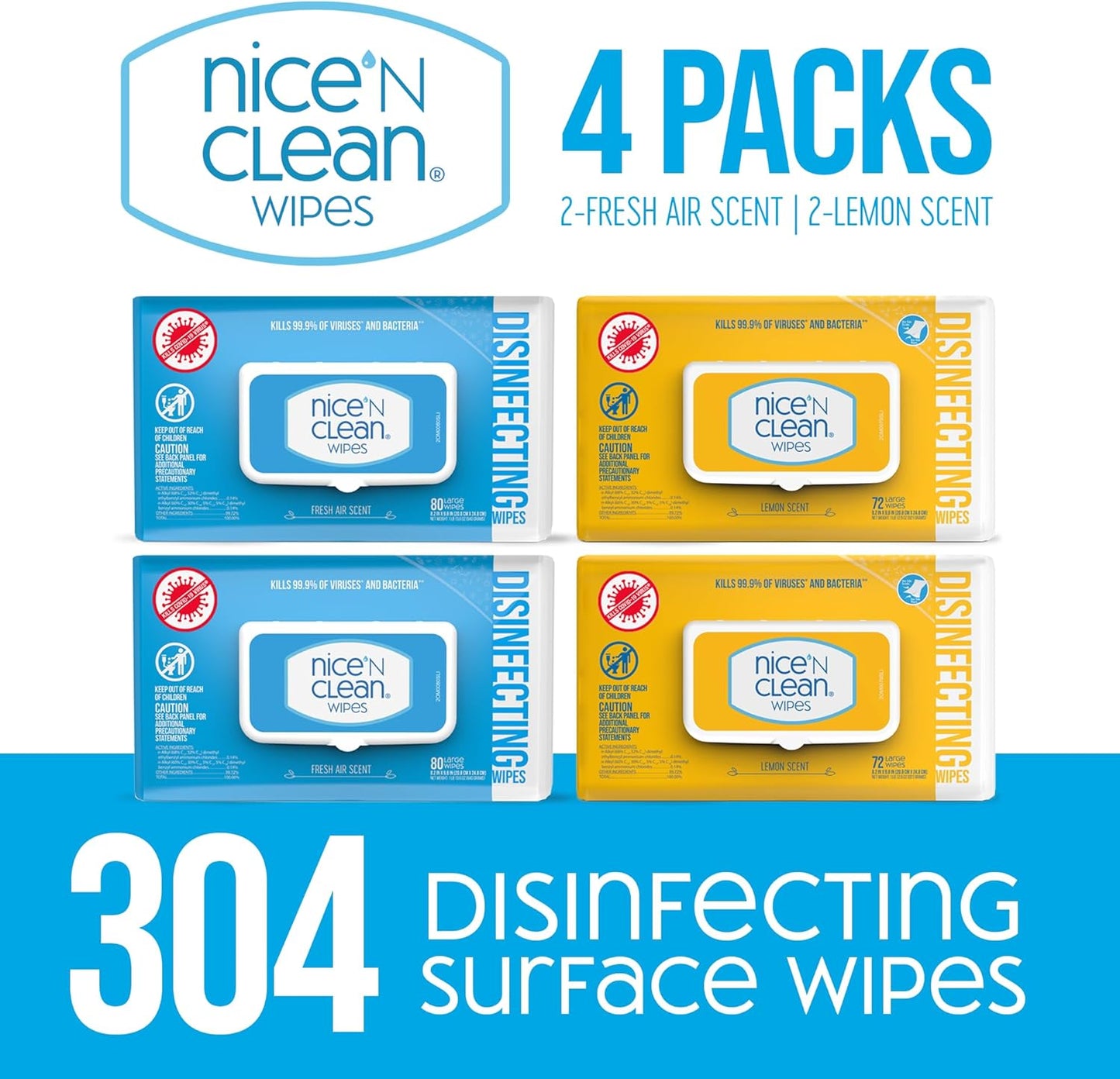 Nice 'N Clean Disinfecting Surface Wipes - 304ct | Effective Home & Kitchen Cleaner | Fresh Lemon Scent