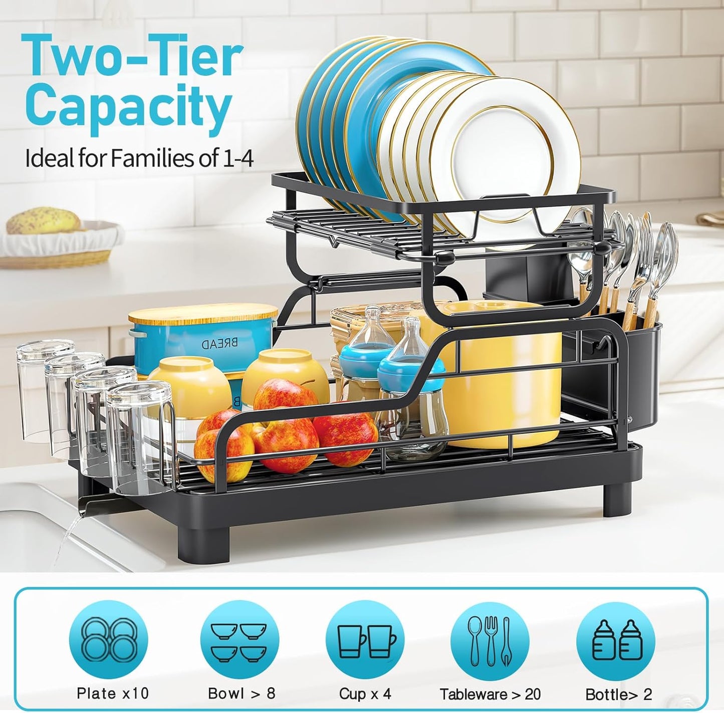 TOOLF Dish Drying Rack - 2-Tier Stainless Steel Kitchen Rack with Large Drainboard & Utensil Holders | Black