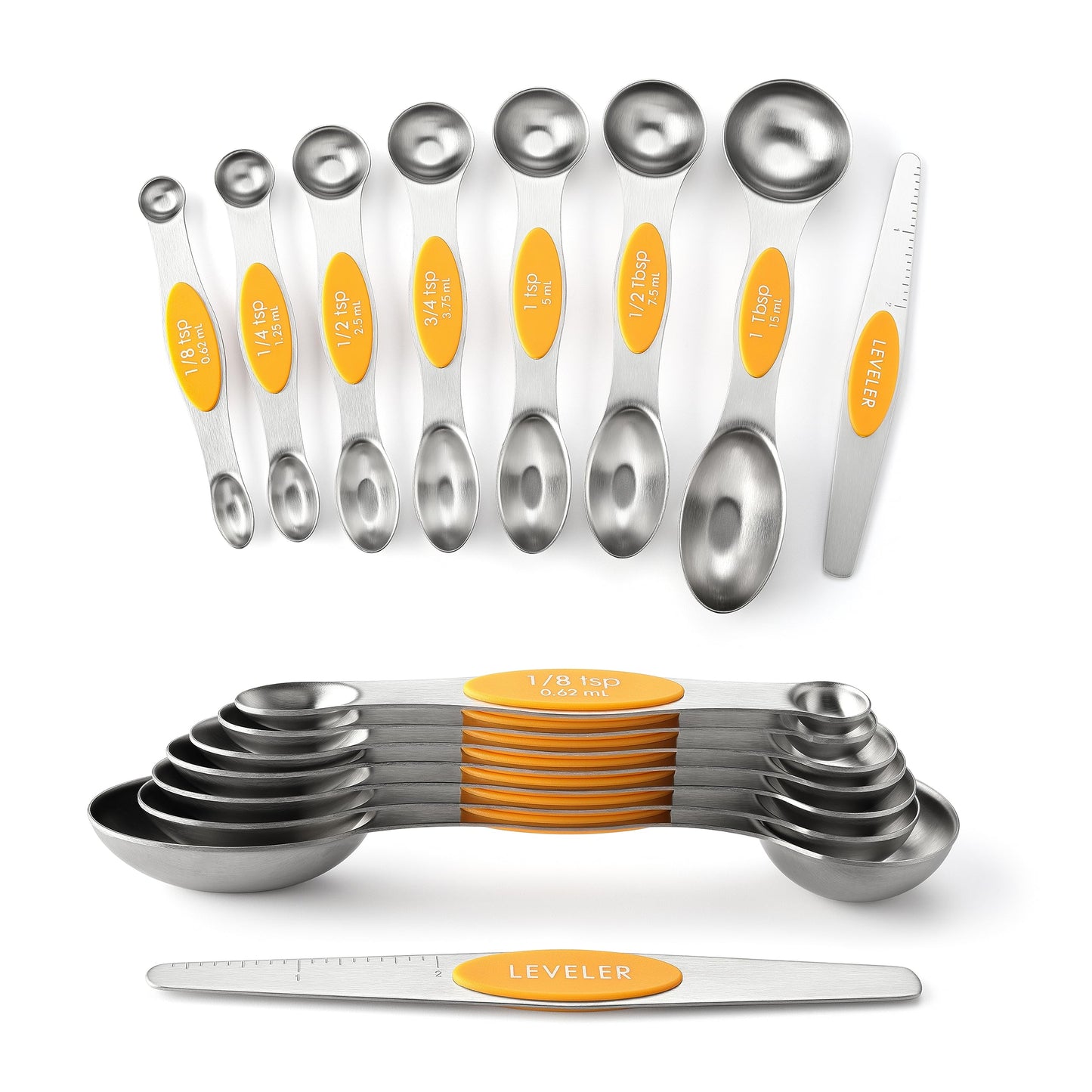 Spring Chef Magnetic Measuring Spoons Set, Dual Sided, Stainless Steel, Fits in Spice Jars, Mango, Set of 8, 2 Pack