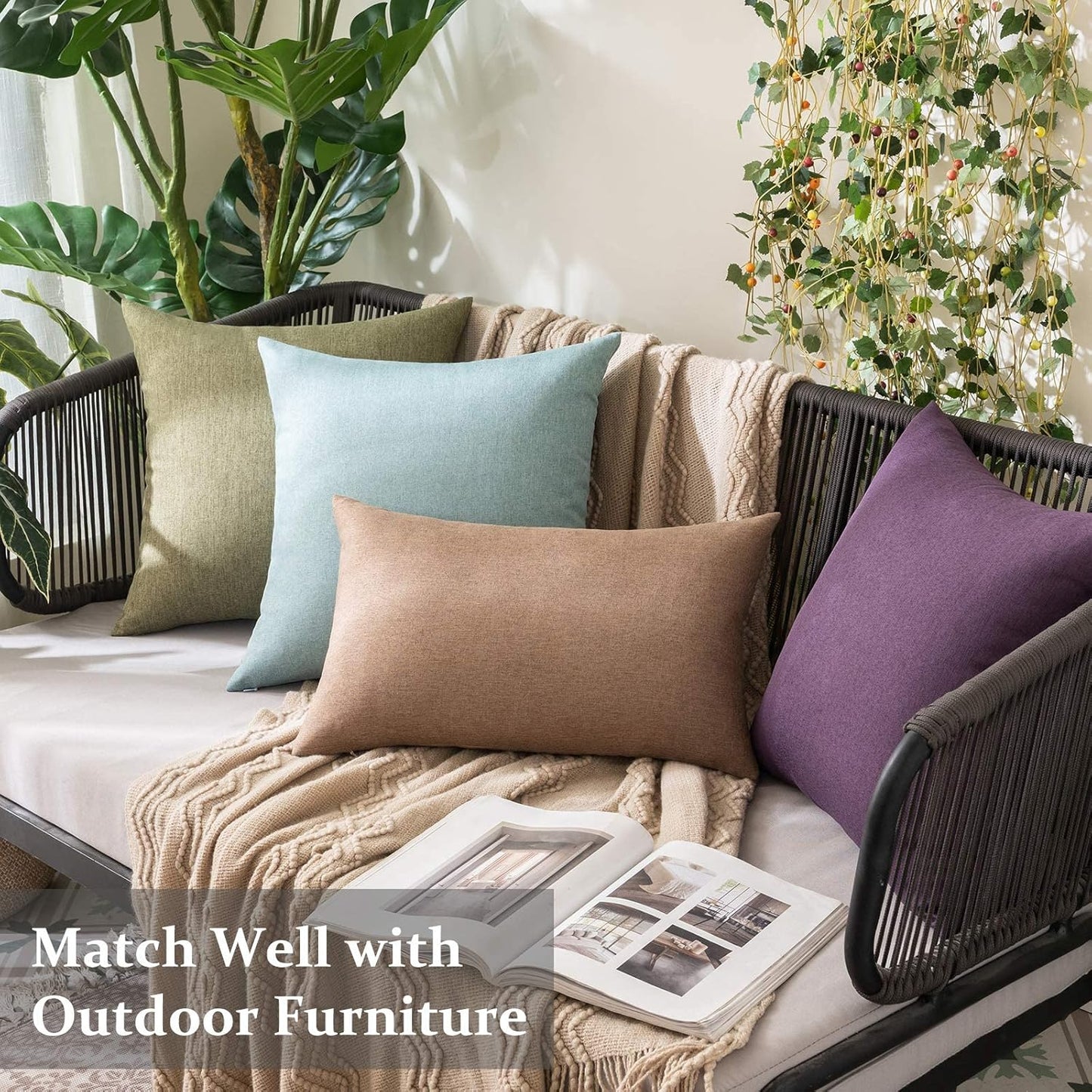 MIULEE Decorative Outdoor Throw Pillow Covers - Waterproof Faux Linen Cushion Cases | 24x24 Inch Dark Green (Pack of 2)