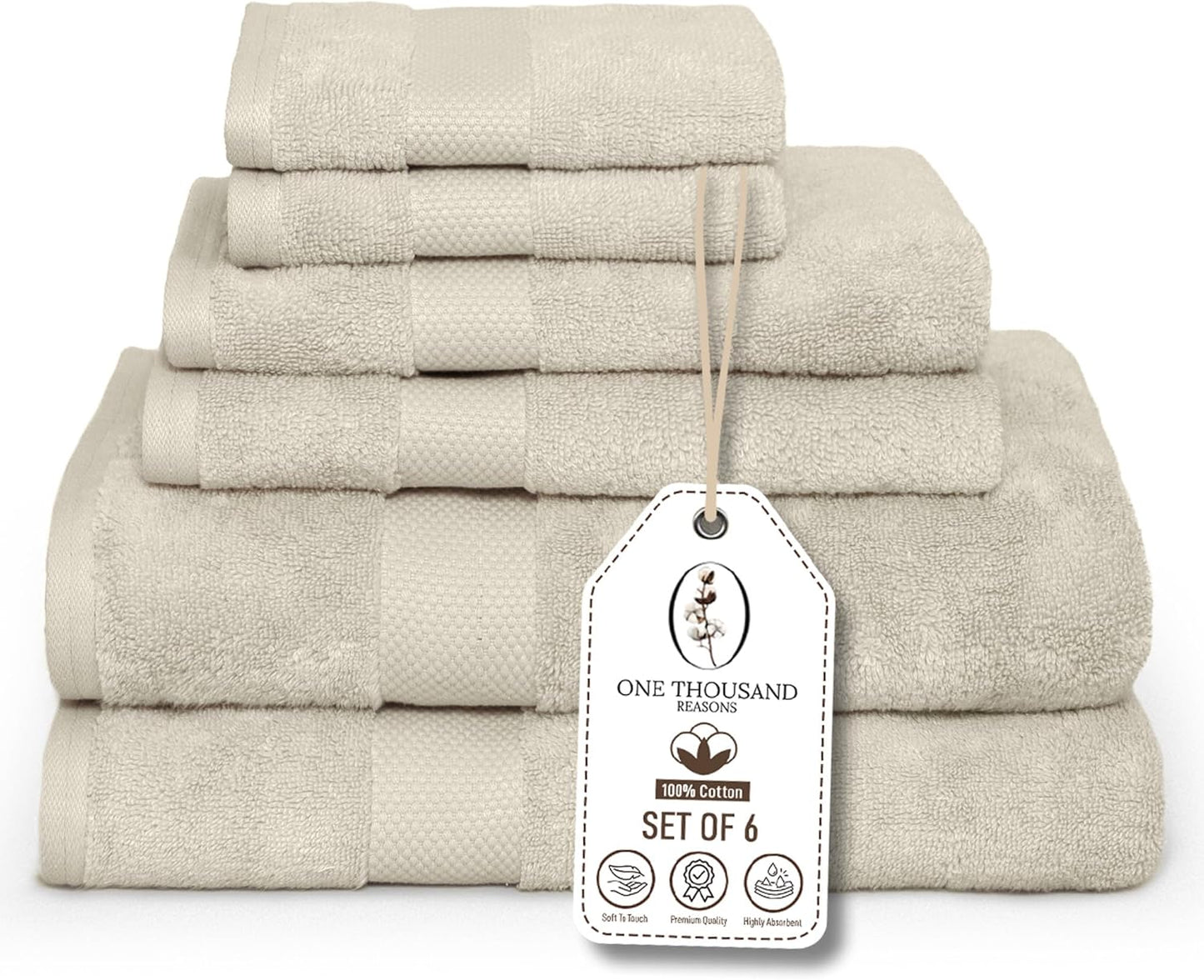 Premium Staple Cotton Bathroom Towel Set - Luxury 6-Piece Beige Bath Towels | High Absorbent & Quick Dry