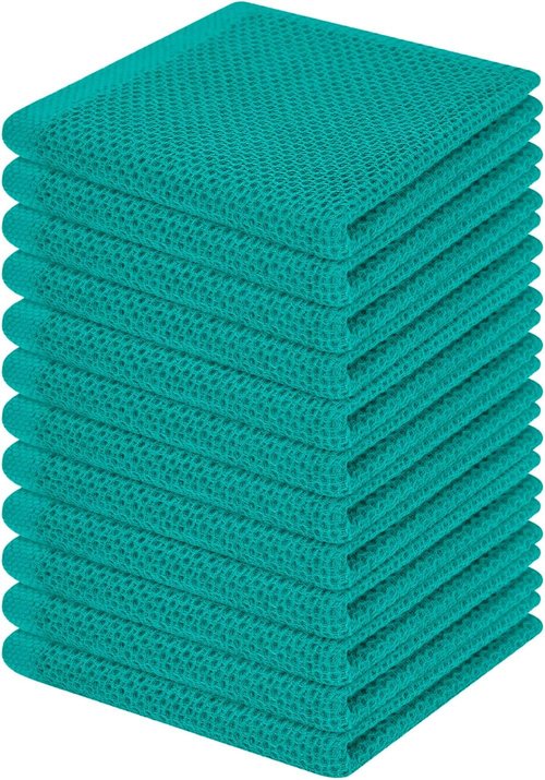 Homaxy 100% Cotton Waffle Weave Dish Cloths - Ultra Soft & Absorbent Quick Drying Towels | 12-Pack, Teal, 12 x 12 Inches