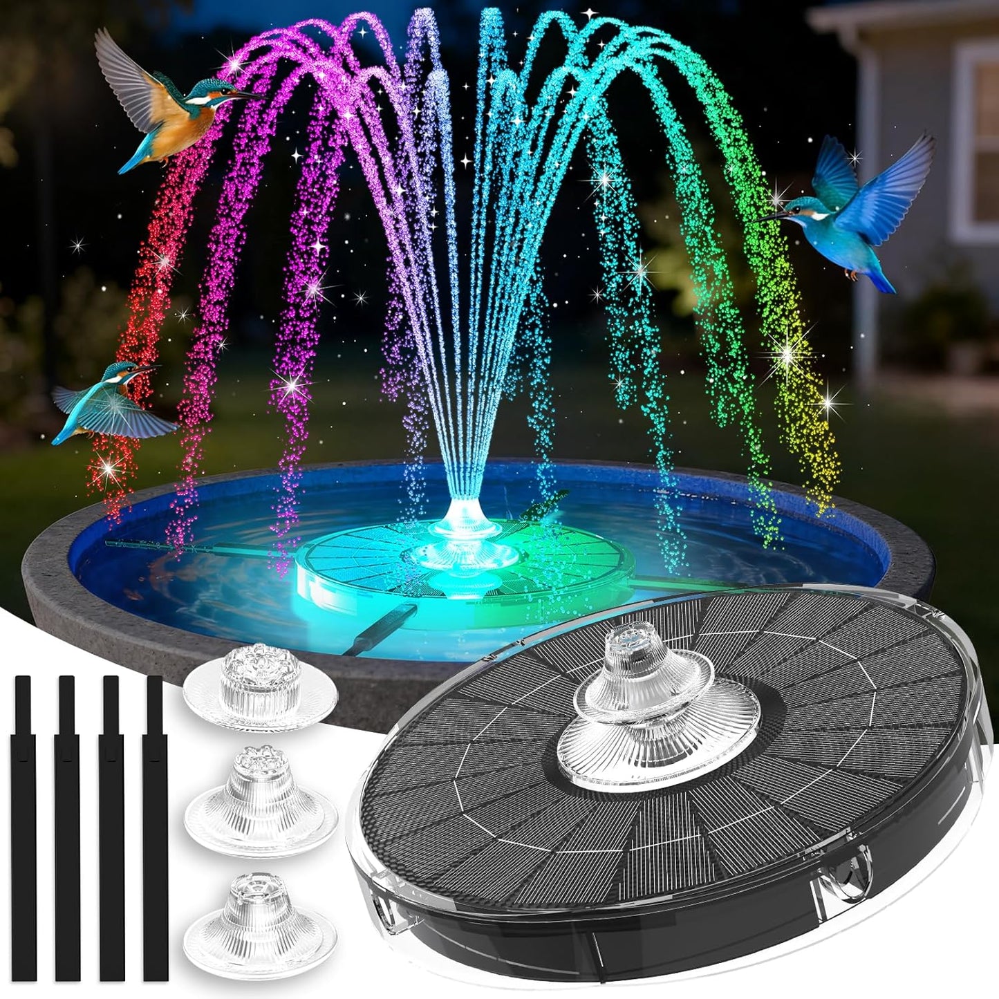 Skiennix 4000mAh Solar Fountain - 3 Spray Solar Powered Bird Bath Pump with Lights for Outdoor Garden