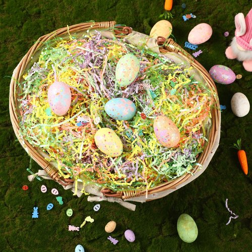 Jansun Easter Grass Crinkle Cut Paper, 115g/4oz Easter Iridescent Shred Paper Filler with Easter Confetti for Easter Gift Box Grass Basket Filler Gift Wrapping Easter Decorations