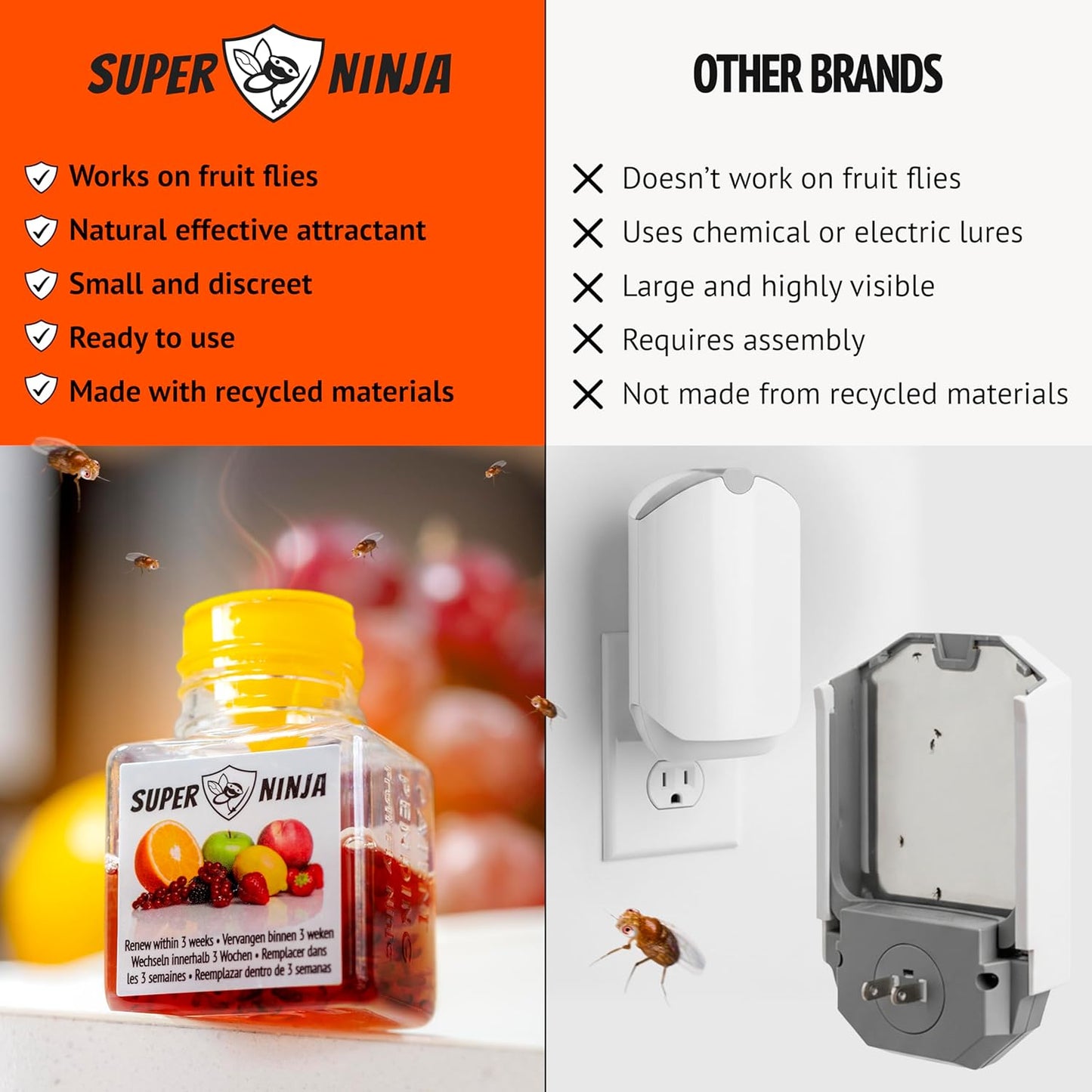 Super Ninja Fruit Fly Traps - Highly Effective Indoor Fruit Fly Catcher | 4 Pack, Kid & Pet Friendly