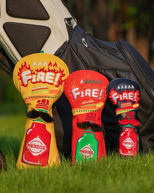 Golf Headcovers Golf Club Head Covers Chili Peppe - Mexico Style Premium Leather Driver Fairway(FW) Wood Hybrid(UT) with Number Tags Taco Fire Chili Sauce Pattern (Hybrid Head Cover)