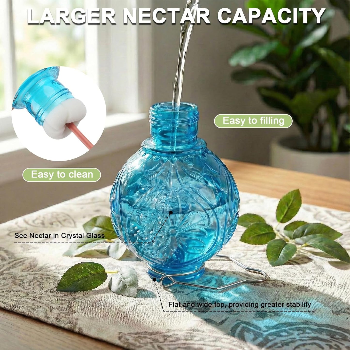 Skiennix Glass Hummingbird Feeder - 25 Oz Leak-Proof Outdoor Nectar Feeder with 5 Flower Ports | Blue