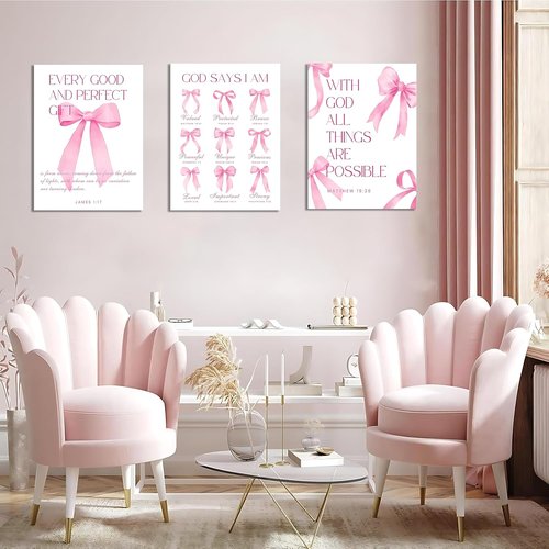 Coquette Pink Bow Wall Art | Inspirational Bible Verse Decor | 12x16 Inch Set of 3 for Teen Girls