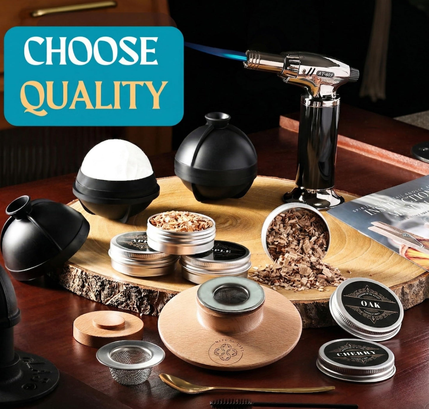 Whiskey Smoker Kit - Cocktail Smoker Kit with Torch, 2 Whiskey Glasses, 2 Ice Ball Makers, 6 Flavors Wood Chips - Old Fashioned Smokers - Bourbon Drink Smoking Set - Whiskey Accessories Gifts for Men