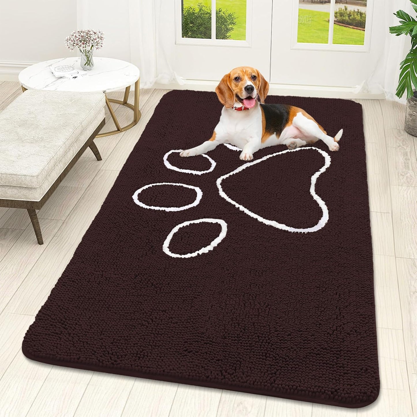 OLANLY Dog Door Mat - Absorbent Non-Slip Mud Mat for Paws | 59x32 Paw Print Design in Brown