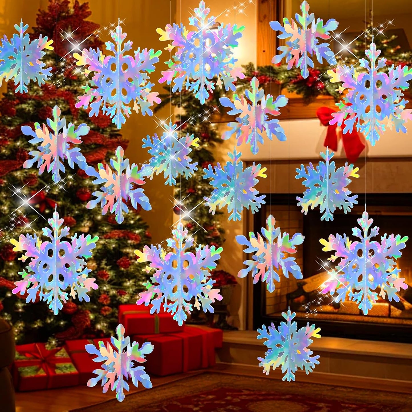 Skiennix 18 Pcs Snowflake Decorations - 3D Iridescent Hanging Ornaments for Winter Wonderland Decor