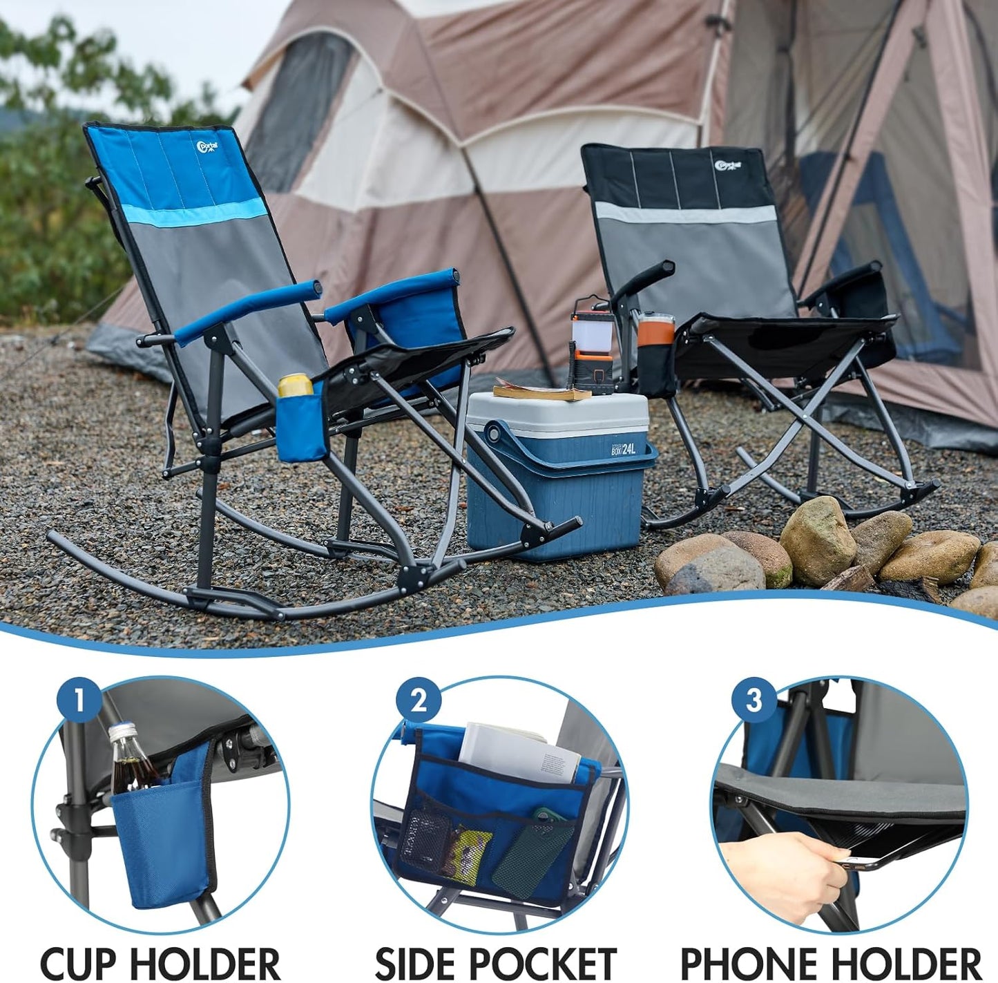 Portal Oversized Folding Rocking Camping Chair - Portable Outdoor Rocker with High Back & Carry Bag, Supports 400 lbs, Grey & Blue