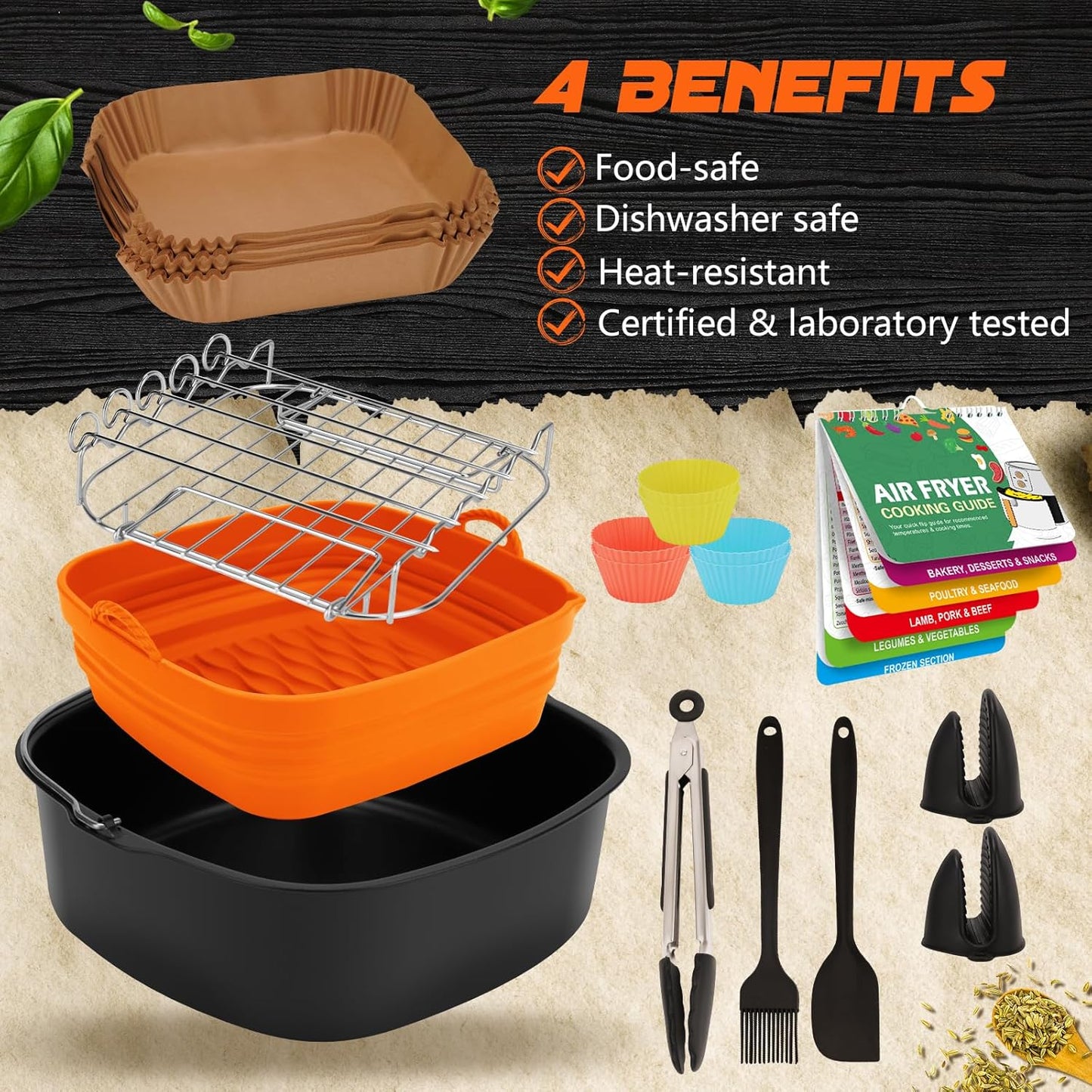 Skiennix 14-Piece Air Fryer Accessories Set - Silicone Liners, Pizza Pan & Baking Cups | Fits 5.8-8QT Models