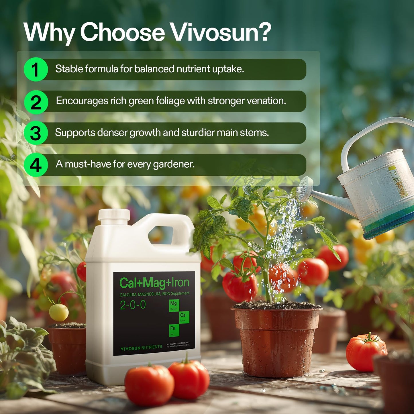 VIVOSUN Cal+Mag+Iron (2-0-0), Calcium, Magnesium & Iron Supplement, Liquid Nutrient Fertilizer for All Plants, Concentrated Plant Food for Soil/Soilless Cultivation, Hydroponics, 1 Quart